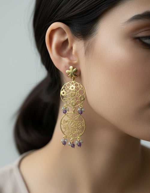 Aquamarine & Amethyst Beaded Drop Earrings for Women – Elegant 3-Inch Handmade Dangle Jewelry