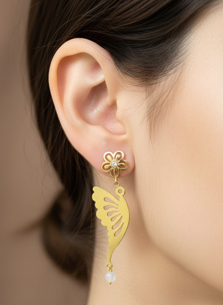 Butterfly Drop Earrings for Women in Gold Plating with Rainbow & Zirconia Stones