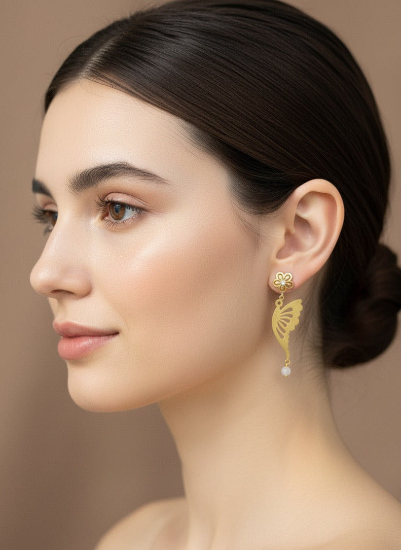 Butterfly Drop Earrings for Women in Gold Plating with Rainbow & Zirconia Stones