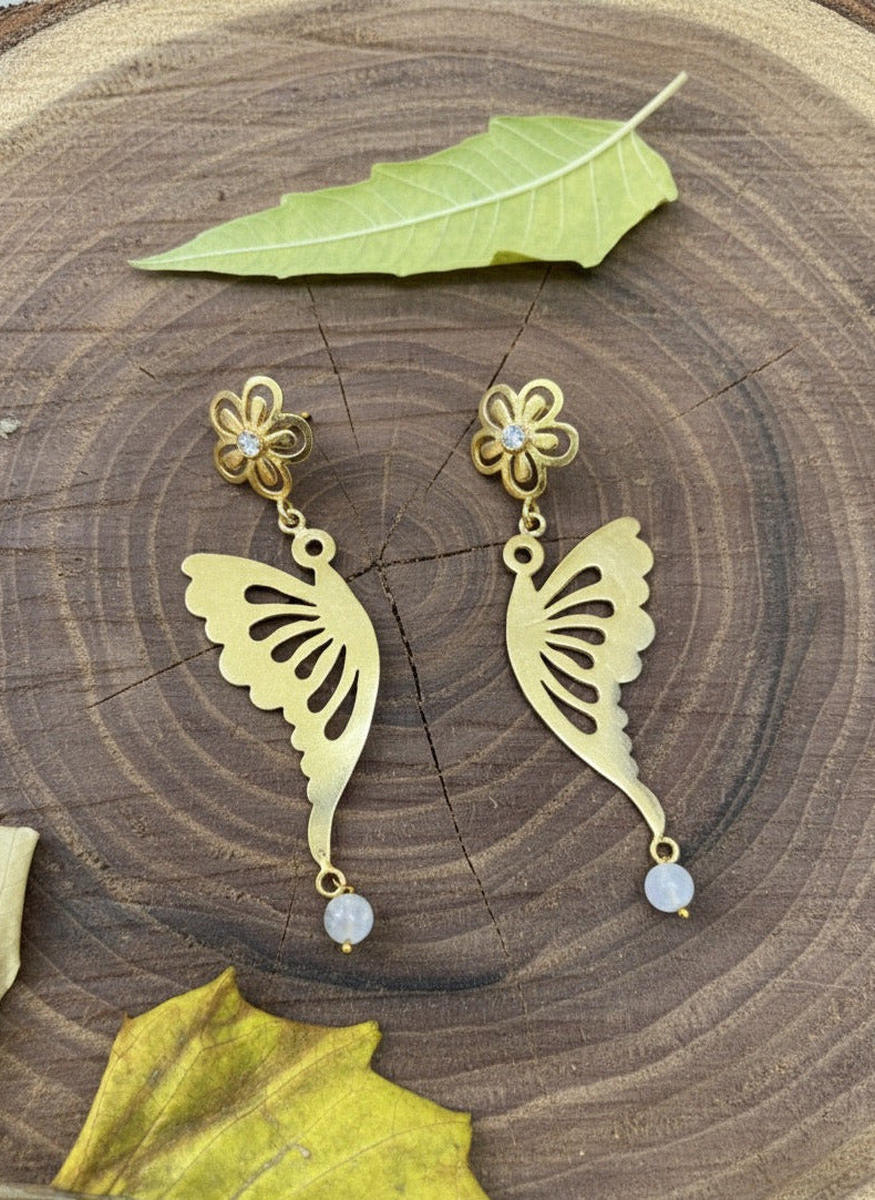 Butterfly Drop Earrings for Women in Gold Plating with Rainbow & Zirconia Stones