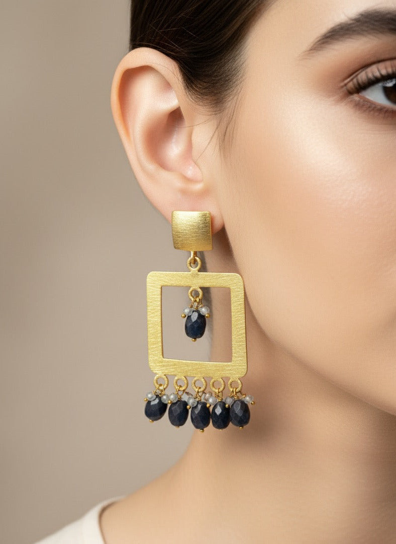 Blue Sapphire & Aquamarine Stone Drop Earrings for Women 2.5-Inch Premium Design