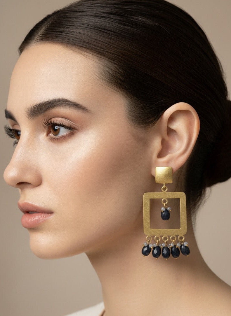 Blue Sapphire & Aquamarine Stone Drop Earrings for Women 2.5-Inch Premium Design