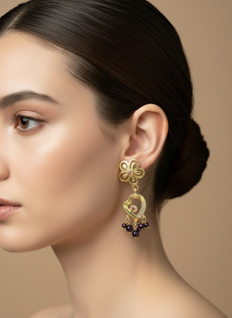 Floral Heart Drop Earrings for Women with Garnet, Amethyst & Zirconia Stones