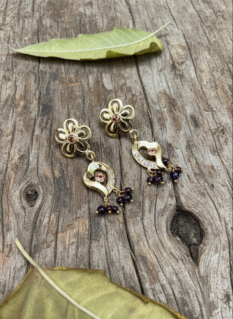 Floral Heart Drop Earrings for Women with Garnet, Amethyst & Zirconia Stones