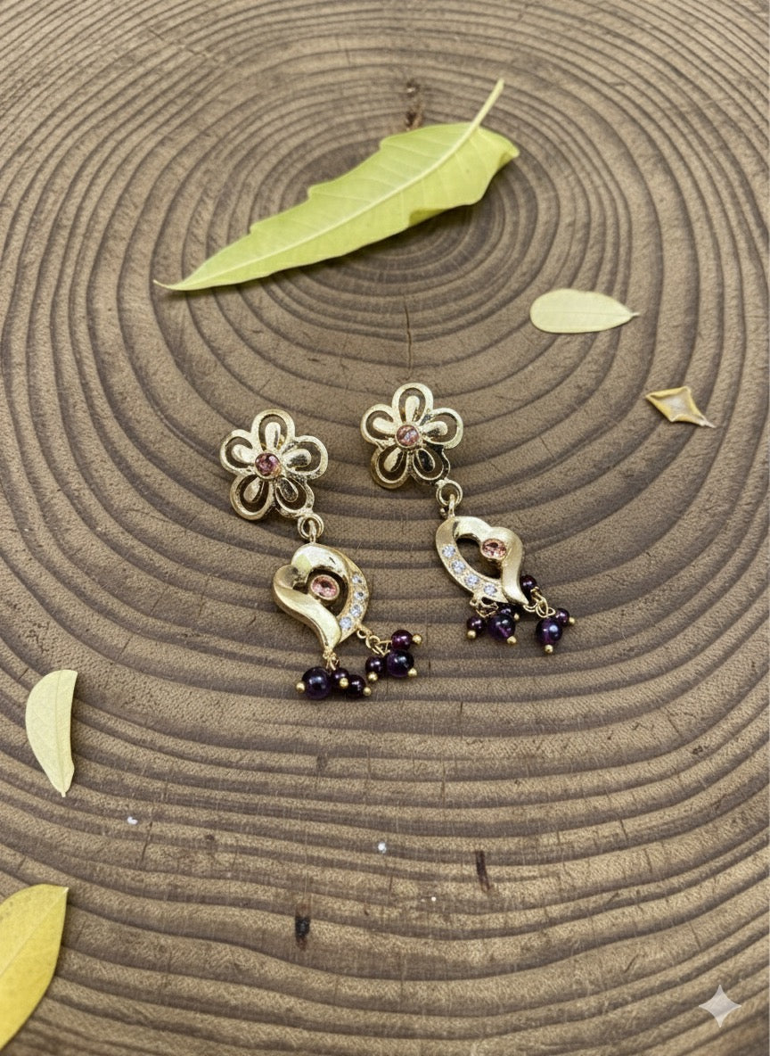 Floral Heart Drop Earrings for Women with Garnet, Amethyst & Zirconia Stones