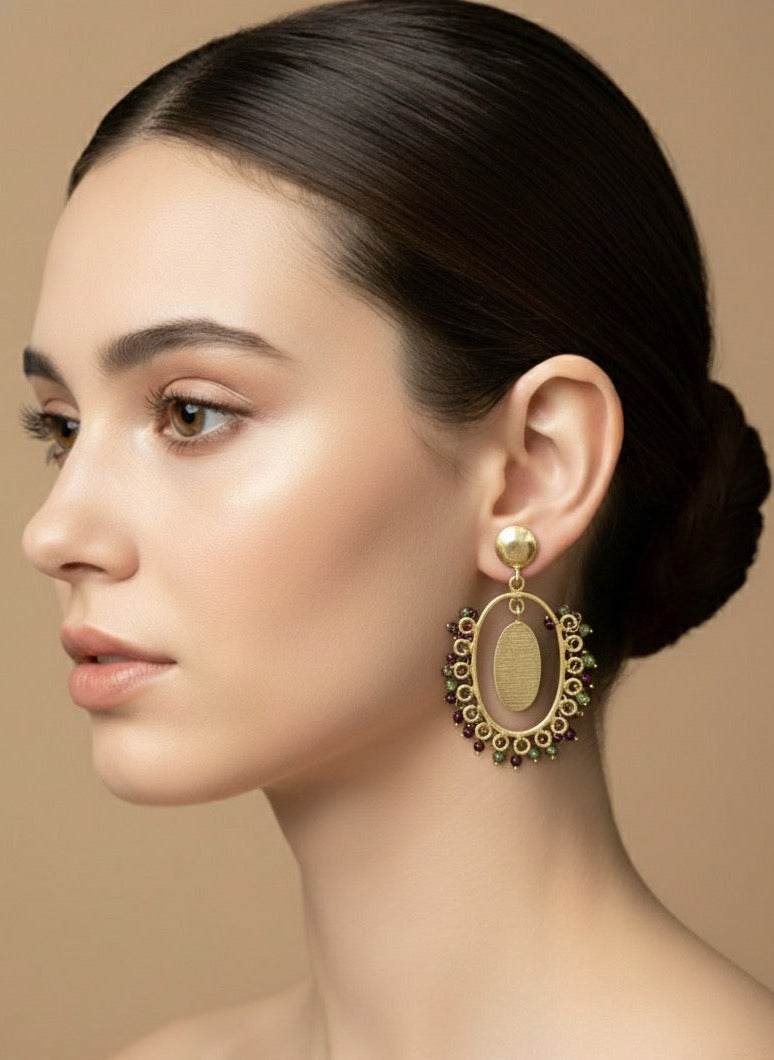 Peridot & Garnet Stone Bead Drop Earrings for Women, Handcrafted 2-Inch Design