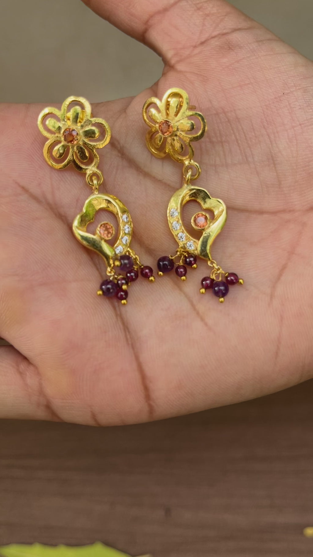 Floral Heart Drop Earrings for Women with Garnet, Amethyst & Zirconia Stones